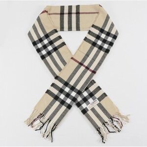Royal Rossi 100% Mongolian Cashmere Plaid Check Scarf Tan Black White Fringe 70"